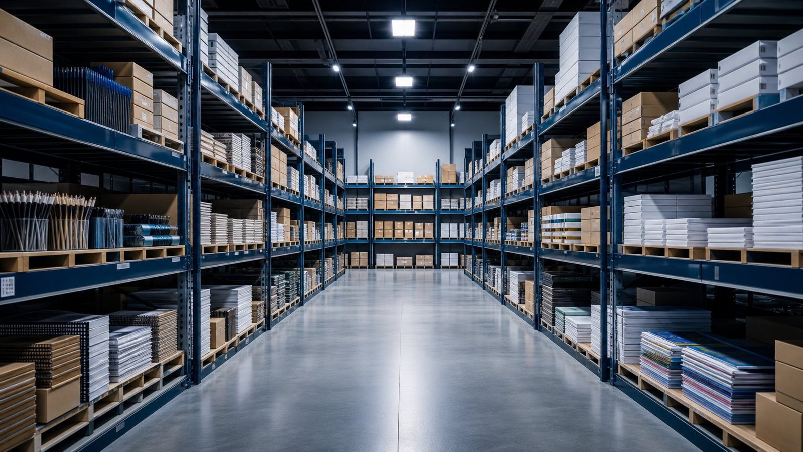 An organised supply warehouse with neatly stocked stationery products.